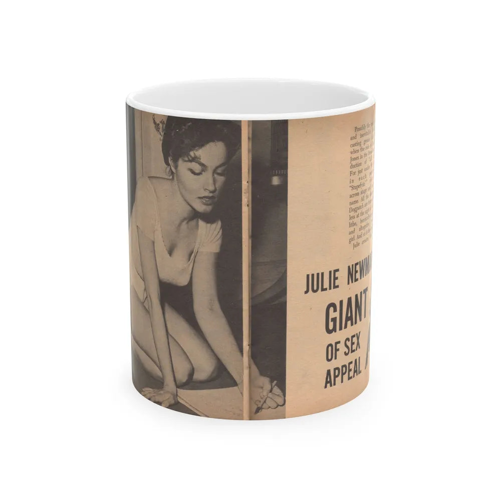 Julie Newmar #482 - Pages 36-37 Pages, 1 & 2 of 5 with, Julie+2 B&W Photos, Caption & Article from Glance Pocket Mag. Dec. '57 (Vintage Female Icon) White Coffee Mug-11oz-Go Mug Yourself