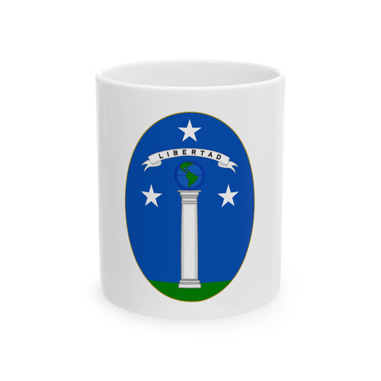 Flat vector oval emblem on blue with a white column topped by a globe, three stars and a LIBERTAD banner.