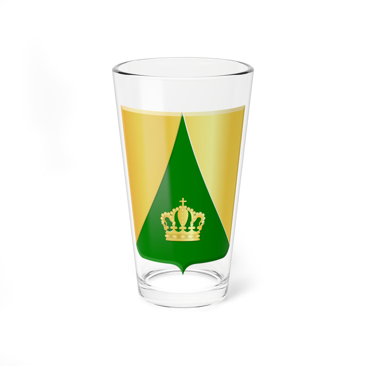 Small gold crown centred on a green triangular field within a gold heraldic shield.