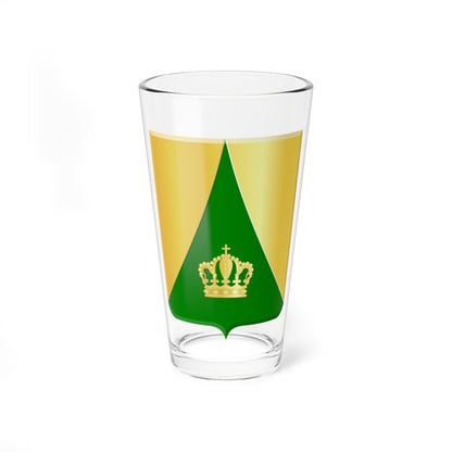 Small gold crown centred on a green triangular field within a gold heraldic shield.