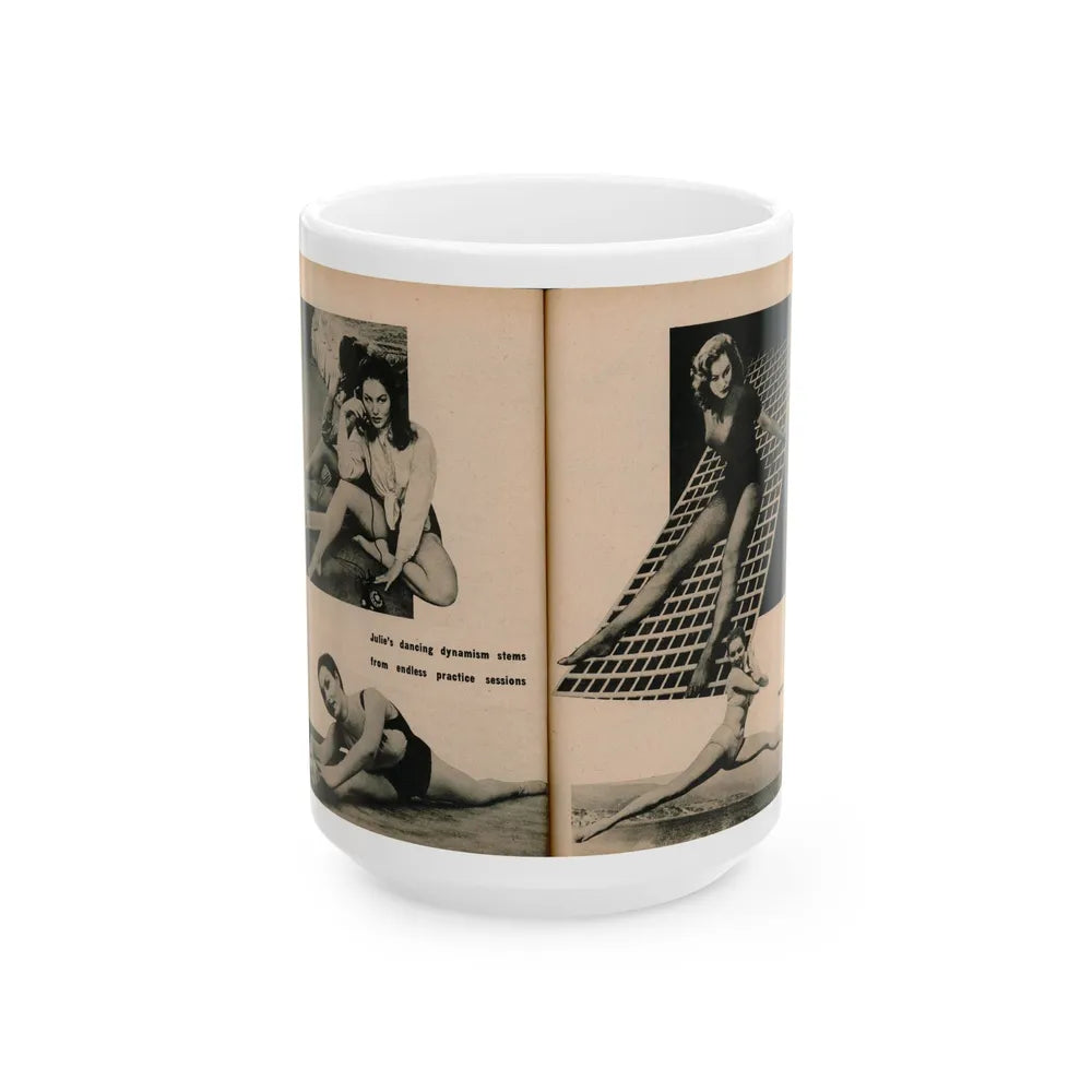 Julie Newmar #493 - Pages 54-55 Pages 5 & 6 of 8 with, Julie+4 B&W Photos & 1 Caption from EYE Digest Mag. December '54 (Vintage Female Icon) White Coffee Mug-15oz-Go Mug Yourself