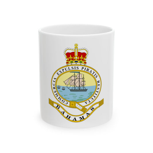 Oval badge with a three-masted ship at sea under a gold crown, ringed with Latin mottoes and a BAHAMAS ribbon.