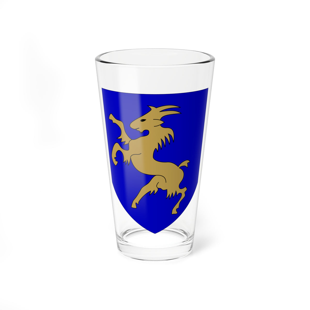 A gold rampant goat standing on hind legs in the centre of a royal blue heraldic shield, in flat vector style.
