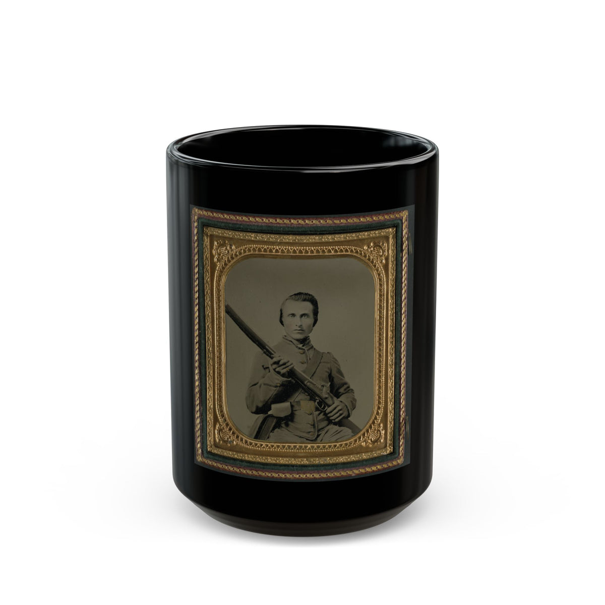 Unidentified Soldier In Confederate Uniform And Louisiana State Seal Belt Buckle With Musket (U.S. Civil War) Black Coffee Mug