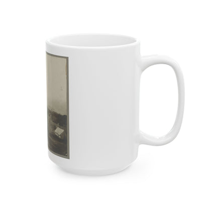 An Aerial View Of A House, Tents, And Other Buildings Partly Obscured By Trees (U.S. Civil War) White Coffee Mug
