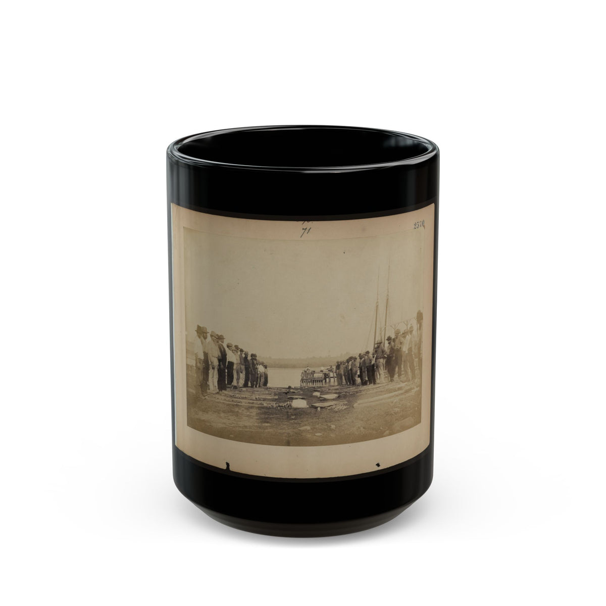 Military Construction In Northern Virginia  Men Standing On Potomac River Bank With Blanket Boat Frames Not Yet Assembled (U.S. Civil War) Black Coffee Mug