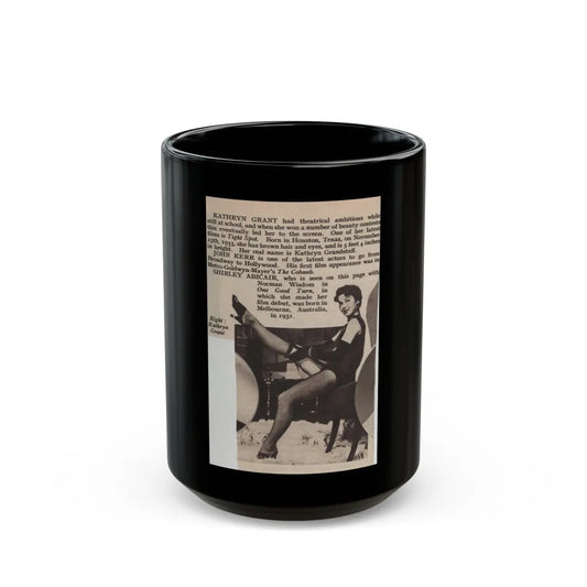 Kathryn Grant #129 - 3x4.75 Small B&W Pin-Up Magazine Clipping & Brief Article (Vintage Female Icon) Black Coffee Mug-15oz-Go Mug Yourself