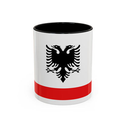 Black double-headed eagle with crossed sceptres centred on a white field above a red bottom band.