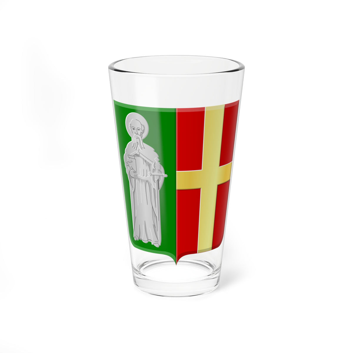 Heraldic shield split green and red, with a silver saint holding a book and sword and a gold cross.