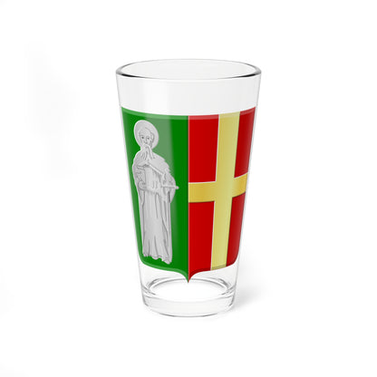 Heraldic shield split green and red, with a silver saint holding a book and sword and a gold cross.