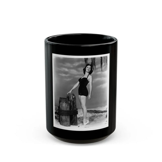 Barbara Rush #37 - 8x10 B&W Full Body 1-Piece Swimsuit Cheesecake Photo (Vintage Female Icon) Black Coffee Mug-15oz-Go Mug Yourself