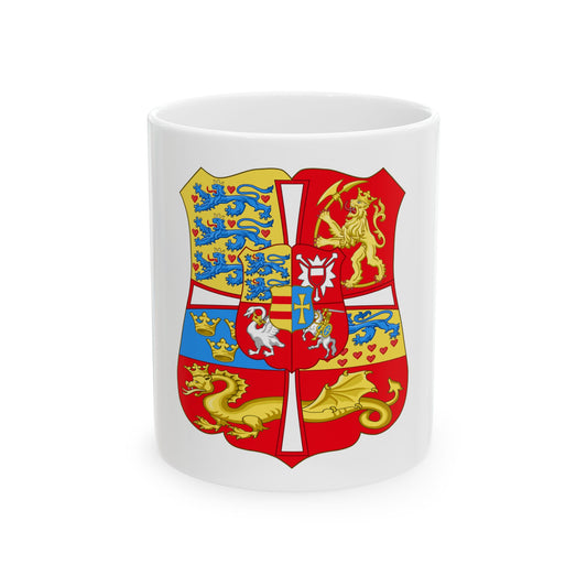Large quartered royal coat of arms in gold, red and blue with lions, crowns, a dragon and a central swan and horse.
