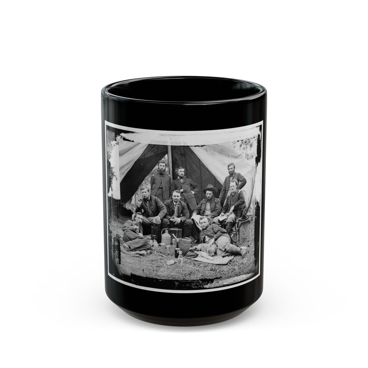 The Peninsula, Va. The Staff Of Gen. Fitz-John Porter; Lts. William G. Jones And George A. Custer Reclining (U.S. Civil War) Black Coffee Mug