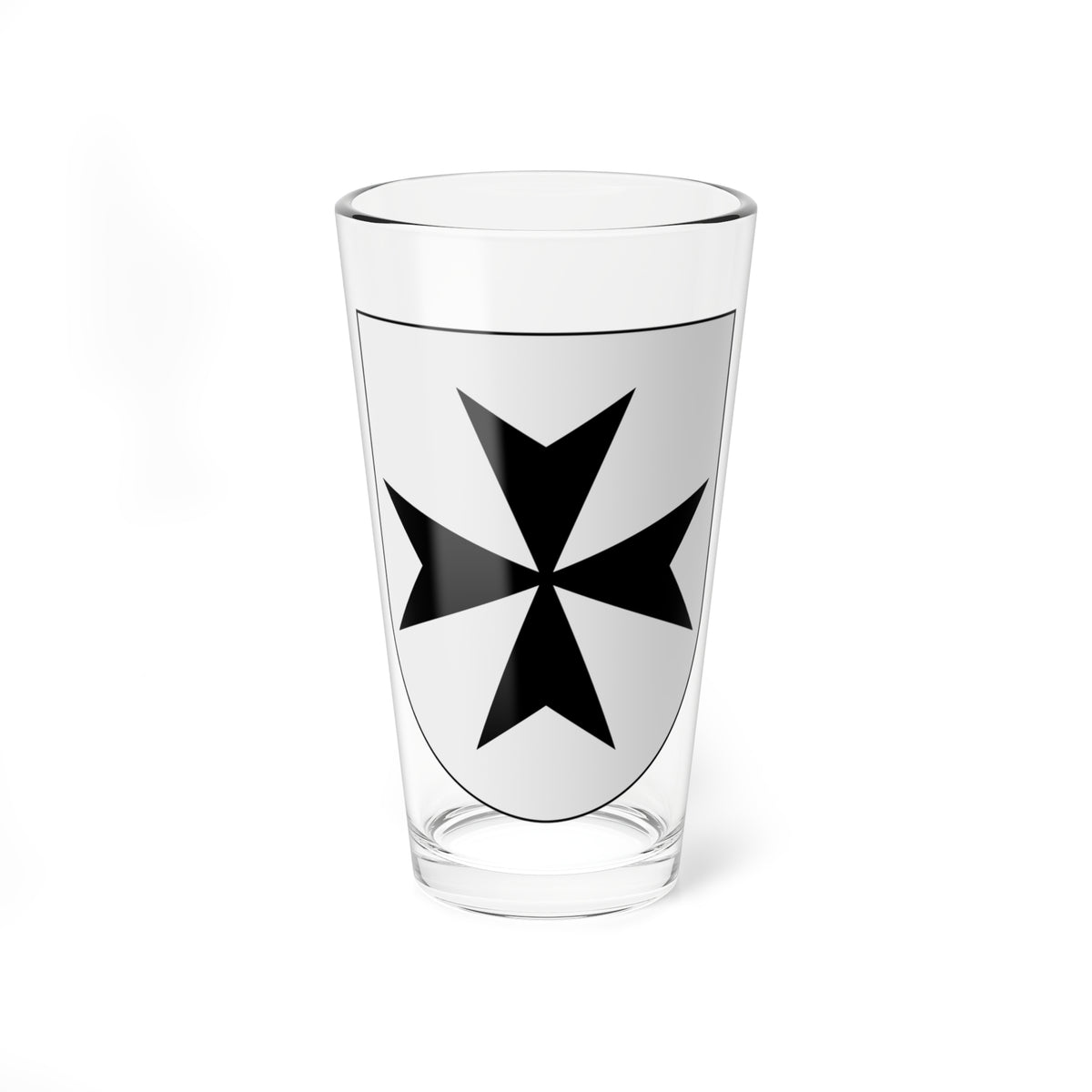 Black Maltese cross with splayed arms centred on a light grey heraldic shield, a minimal flat emblem.