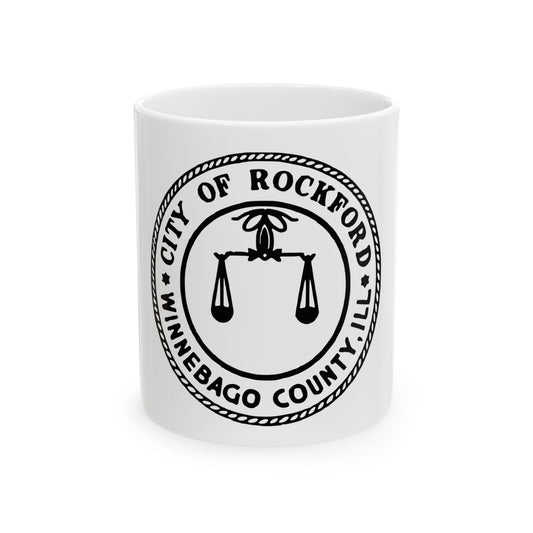 Black and white circular seal of Rockford, Illinois, showing scales of justice under a finial within a rope border.