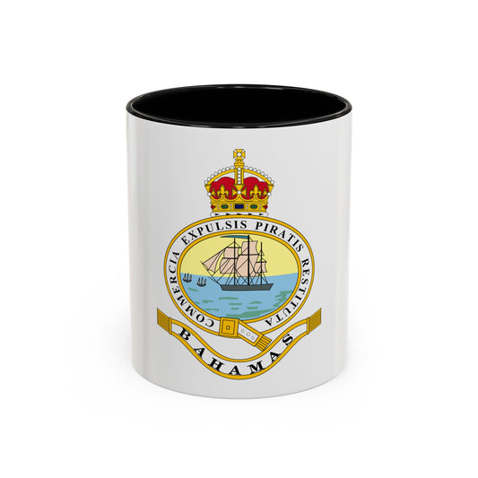 Oval badge with a three-masted ship at sea under a gold crown, ringed with Latin words and a BAHAMAS ribbon.