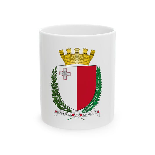 Coat of arms with a red and white shield, a gold towered crown, green laurel and palm branches and a ribbon banner.