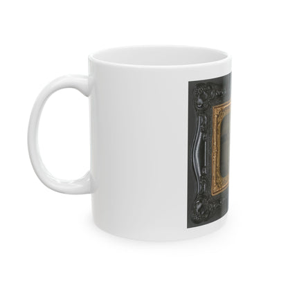 Private Levi F. Hocker Of Co. F, 17th Pennsylvania Cavalry Regiment, In Uniform With Pistol And Sword, On Horseback (U.S. Civil War) White Coffee Mug