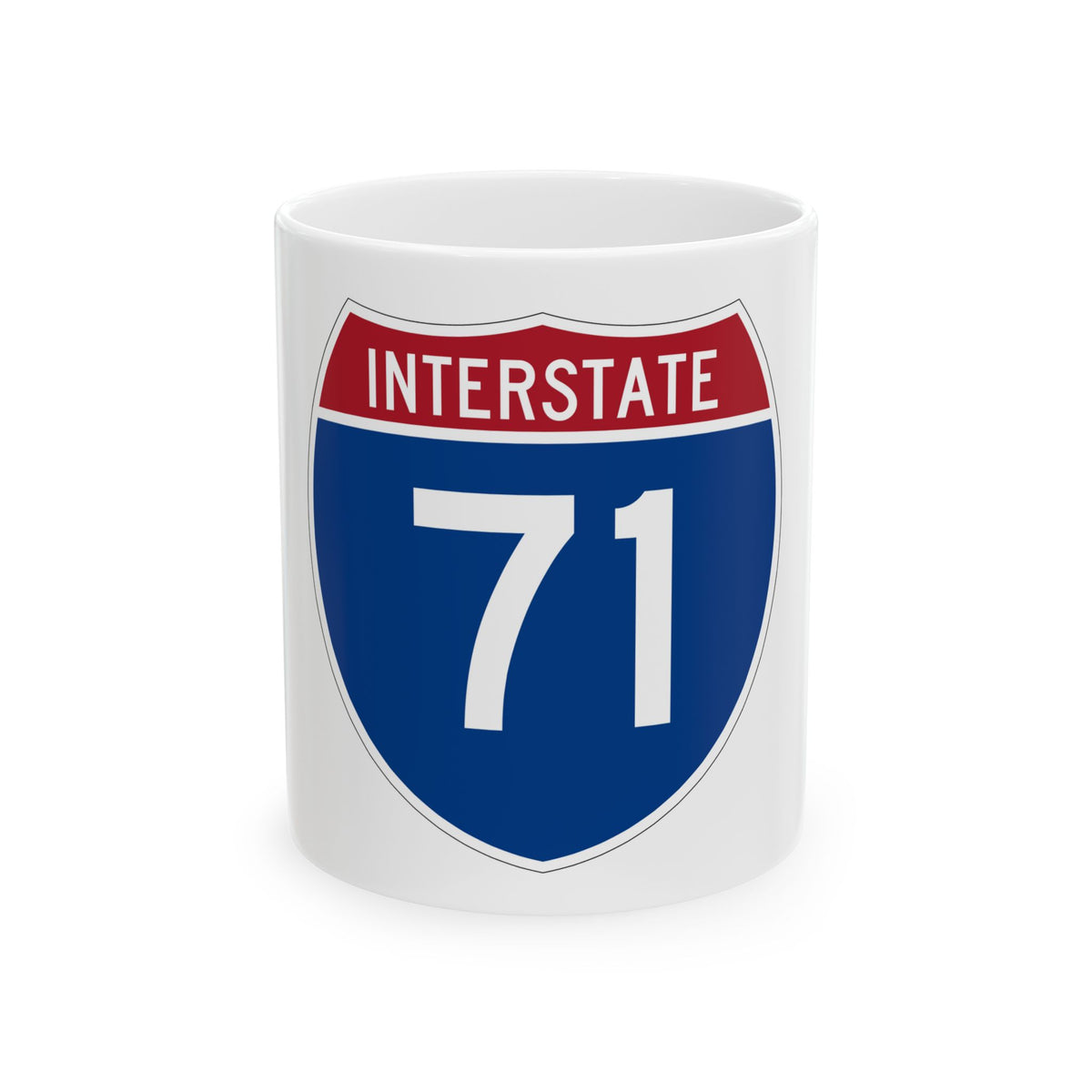 Flat vector US Interstate 71 route shield: white INTERSTATE above the number 71, set on navy blue.