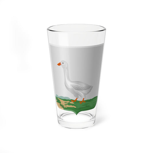 Silver goose with orange bill and feet standing on green grass inside a grey heraldic shield, in flat vector style.