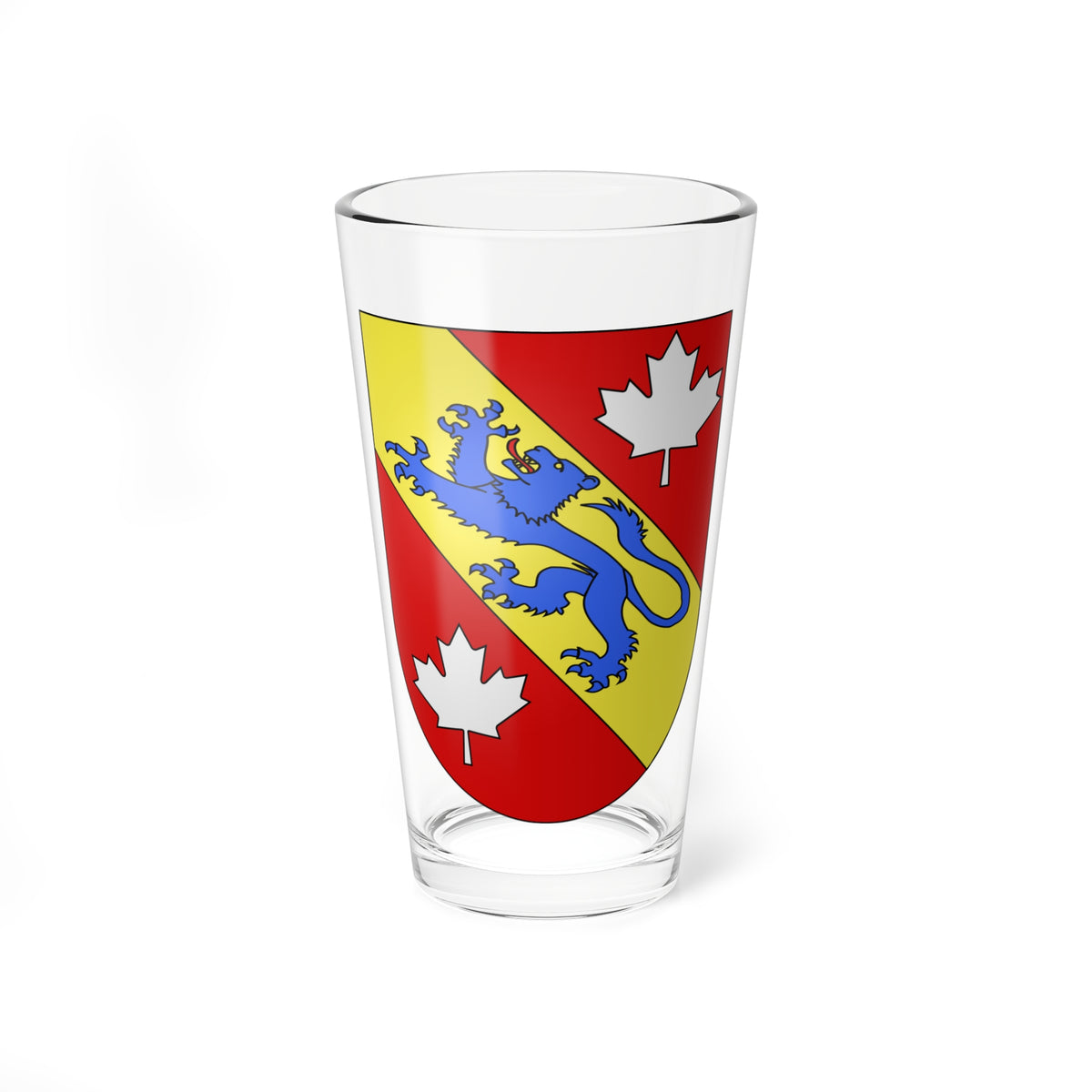 Blue rampant lion on a yellow diagonal band over red, with two silver maple leaves on a heraldic shield.