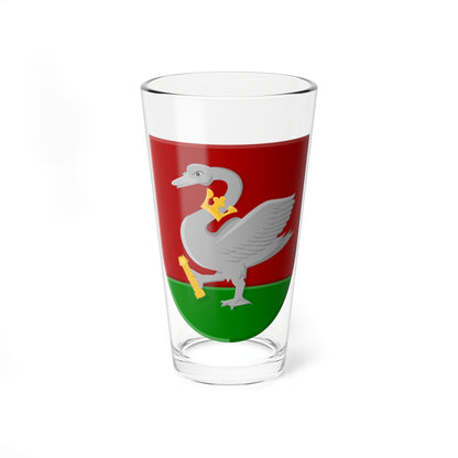 Silver swan wearing a gold crown collar and holding gold reeds, set on a red and green heraldic shield.