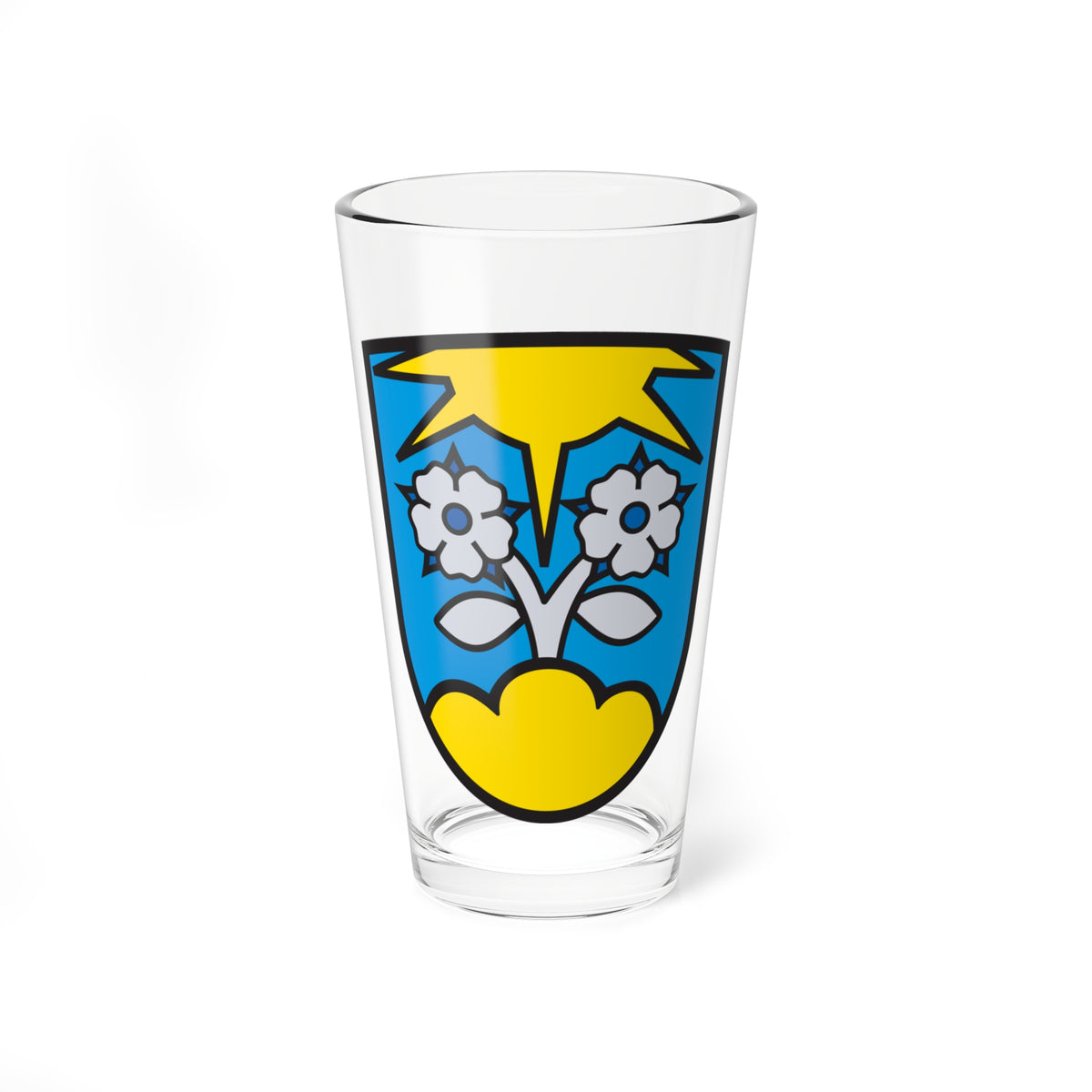 Two silver flowers on a stem with leaves over a yellow mound, beneath a yellow star on a blue heraldic shield.
