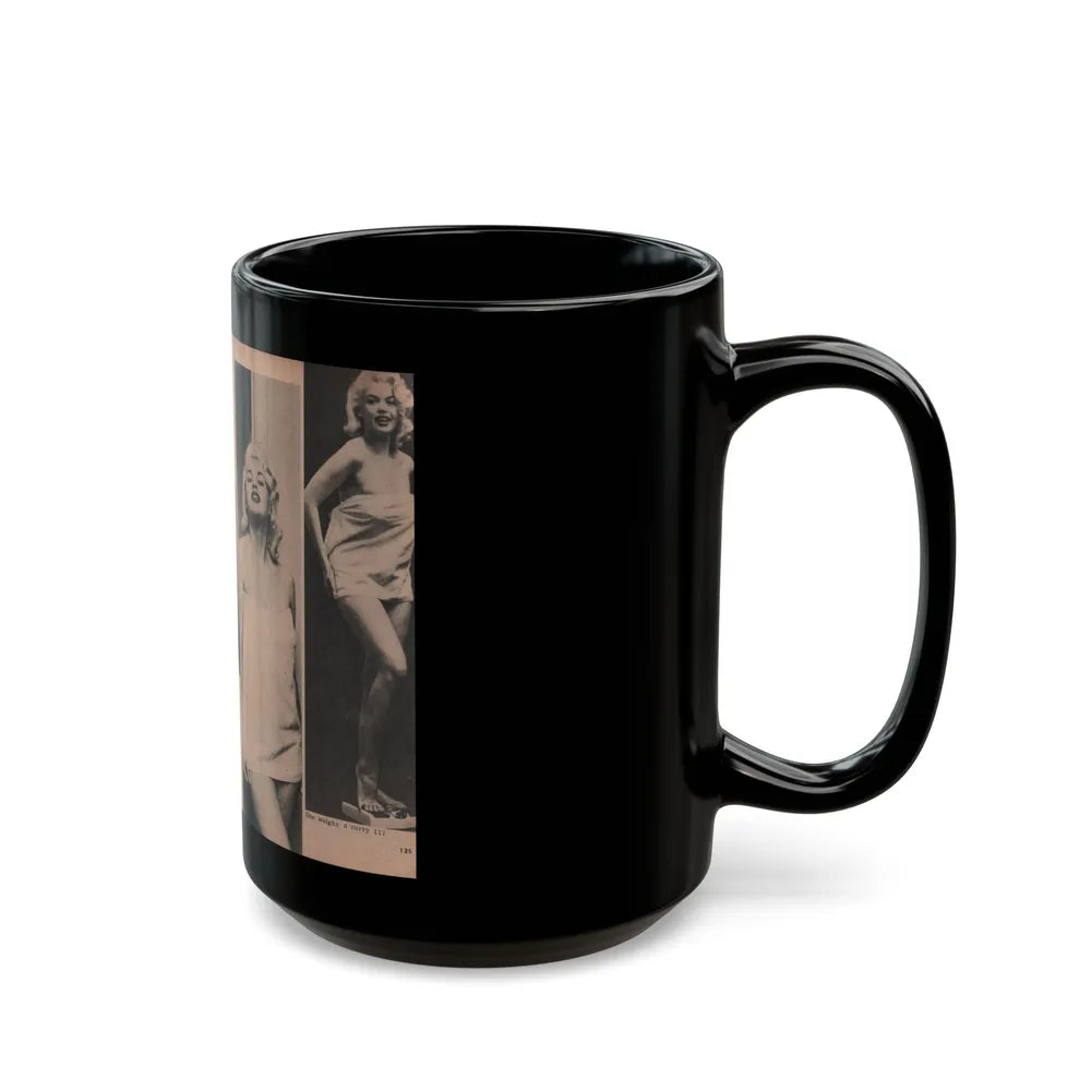 Jayne Mansfield #187 - 2 Pages, 5 B&W Photos, 1 Caption & Article from Foto-rama Digest Mag. Dec. '56 (Vintage Female Icon) Black Coffee Mug-Go Mug Yourself