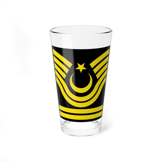 Black rectangular badge with yellow chevron bands on each side, a yellow crescent and star and two bars below.