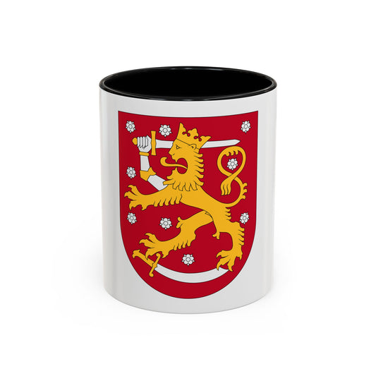 Red heraldic shield with a gold crowned lion rampant holding a white sword, surrounded by white roses.
