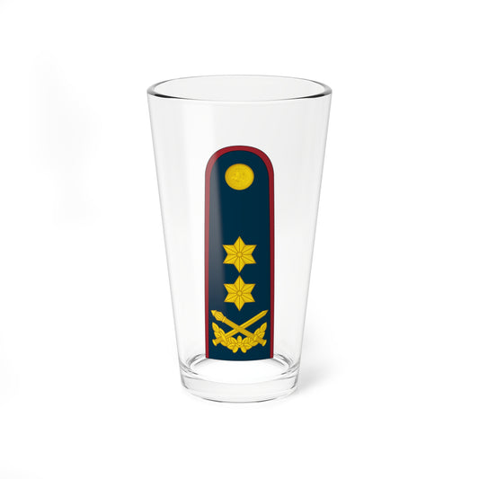 Navy shoulder board with a red edge, a gold rider emblem, two gold stars, and crossed swords over a laurel wreath.