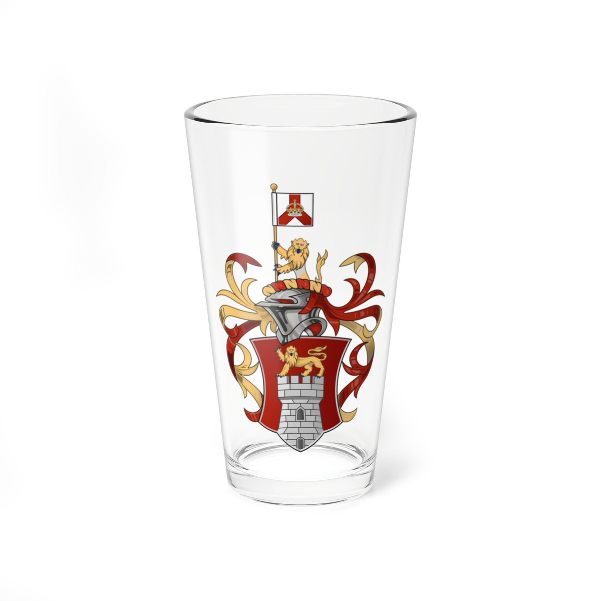 Full heraldic achievement with a gold lion rampant over a grey castle tower on red, under a helm and crown.