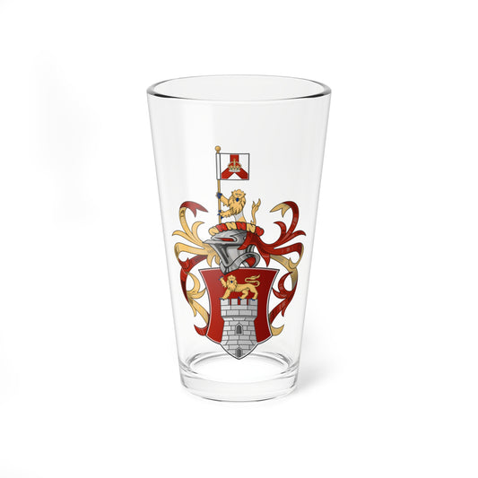 Full heraldic achievement with a gold lion rampant over a grey castle tower on red, under a helm and crown.