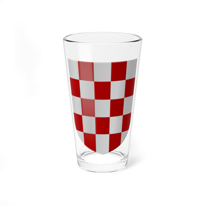 Heraldic shield divided into a red and silver checkerboard of five columns and four rows of squares.