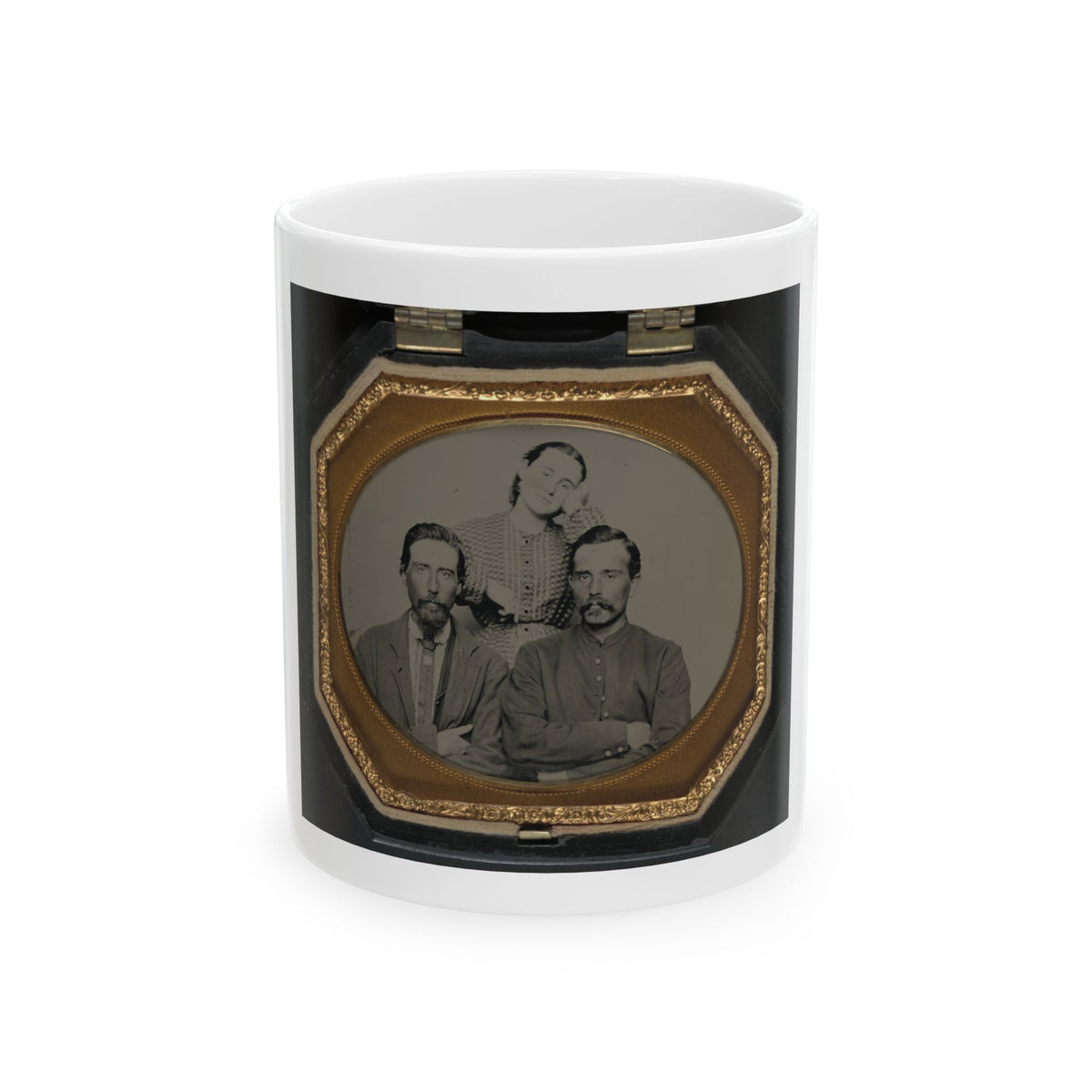 Three people in a sepia tintype, two men seated in front and a woman in a patterned blouse standing behind.