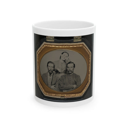 Three people in a sepia tintype, two men seated in front and a woman in a patterned blouse standing behind.
