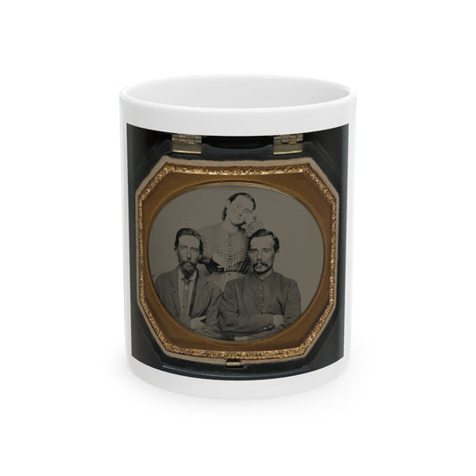 Three people in a sepia tintype, two men seated in front and a woman in a patterned blouse standing behind.