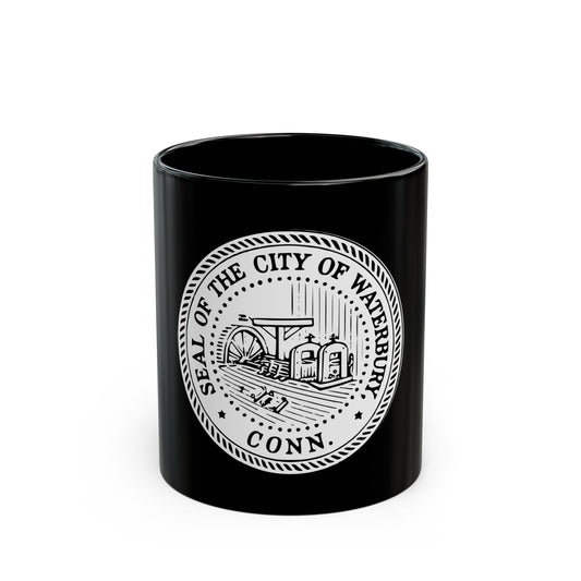 Black and white seal of Waterbury, Connecticut with a water wheel and mill buildings inside a rope border.
