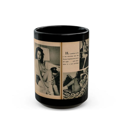 Jeanne Carmen #194 - Pages 80 & 81 Pages 1 & 2 of 4+3 B&W Photos & Caption from EYE Digest Mag. July '54 (Vintage Female Icon) Black Coffee Mug-15oz-Go Mug Yourself