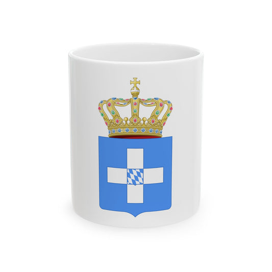 Blue heraldic shield with a white cross and a jewelled gold crown above, with a checked inset.