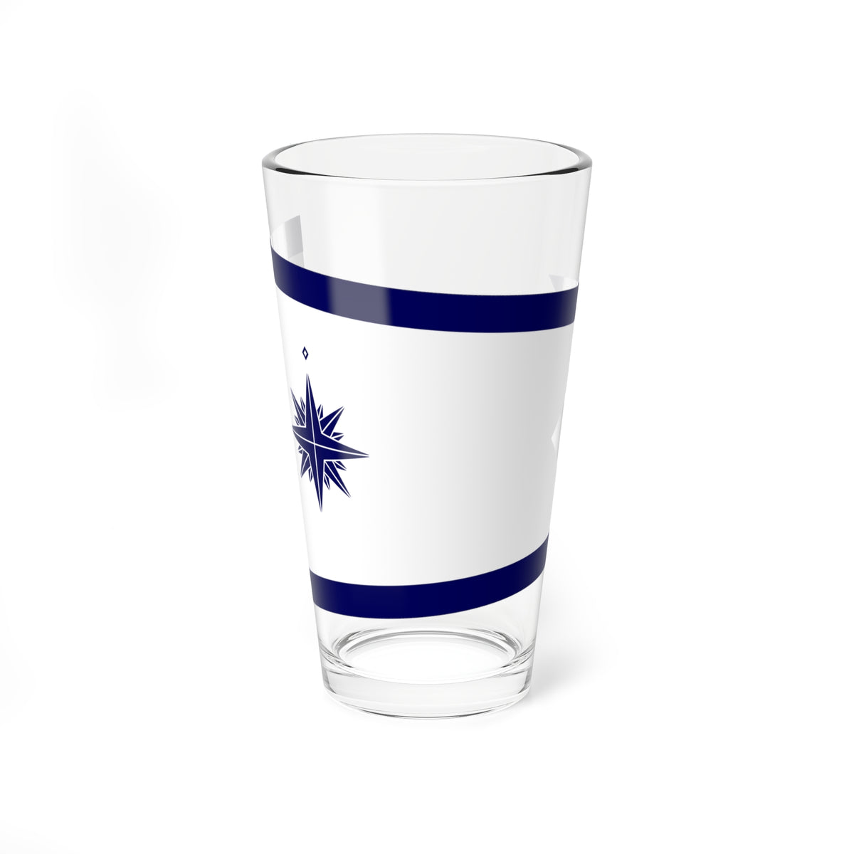 Navy blue compass rose centred on a white field between two angled navy stripes in a minimalist nautical design.