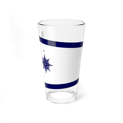Navy blue compass rose centred on a white field between two angled navy stripes in a minimalist nautical design.
