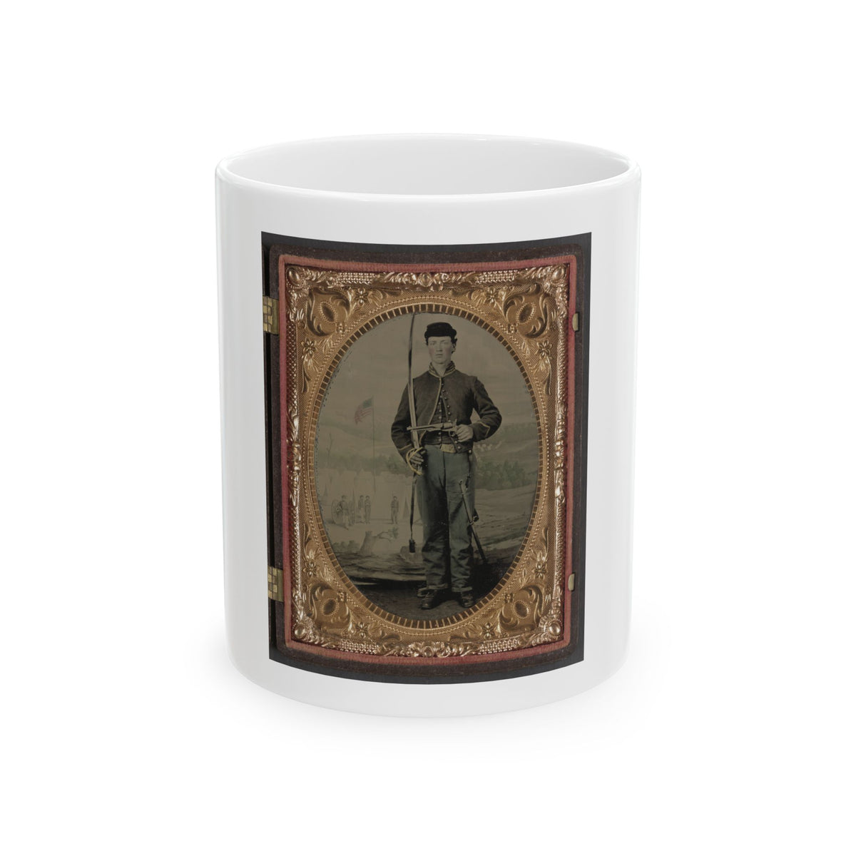 Hand-tinted portrait of a standing young soldier with a sabre before a painted army camp, set in an oval gilt case.