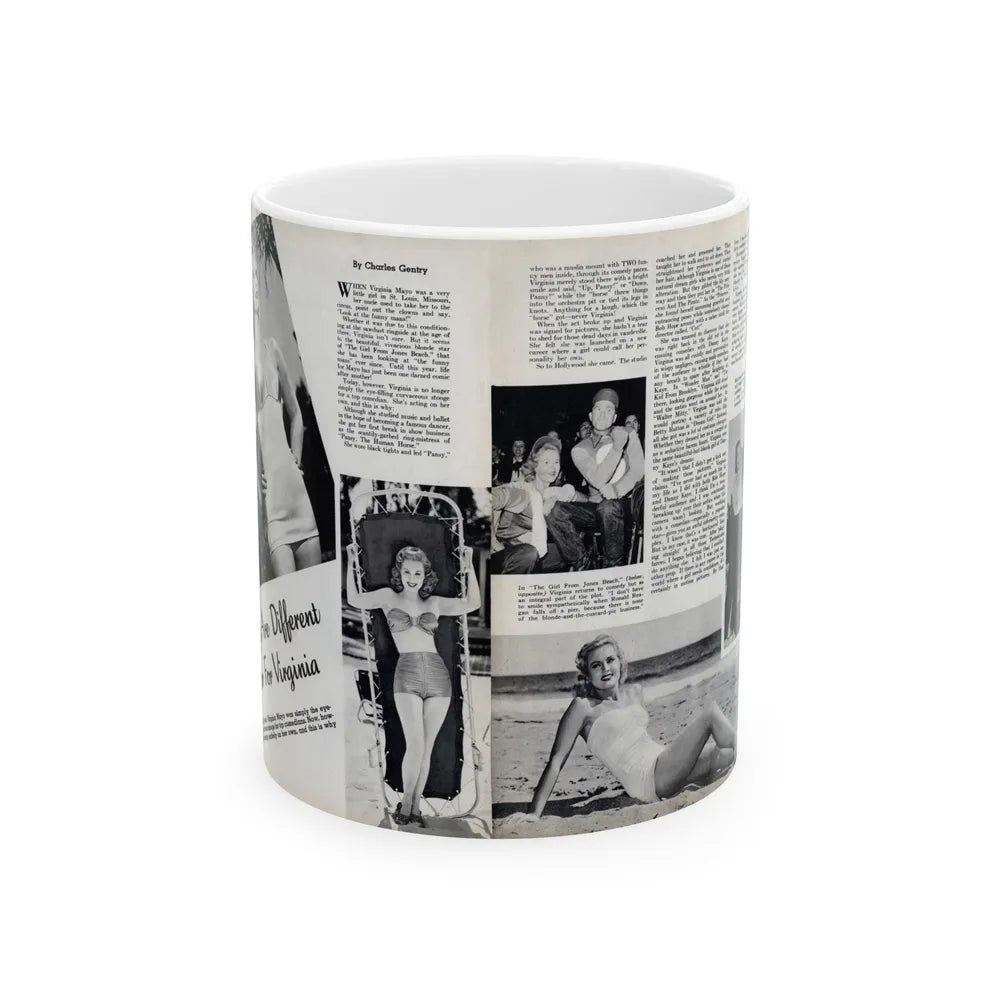 Virginia Mayo #290 - 2 Pages of Virginia+3 B&W Pin-Up Pics & 2 Candid Shots circa late 40's from a Movie Star Magazine (Vintage Female Icon) White Coffee Mug-11oz-Go Mug Yourself