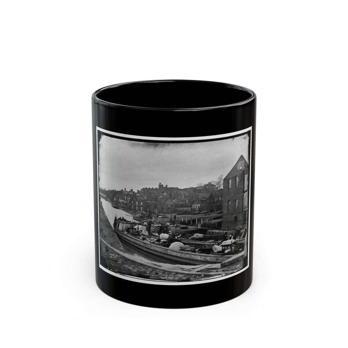 Richmond, Va. Barges With African Americans On The Canal; Ruined Buildings Beyond (U.S. Civil War) Black Coffee Mug
