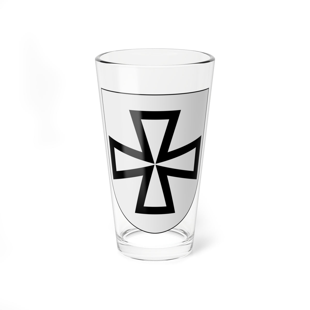 Black outlined flared cross centred on a light grey heraldic shield in a monochrome flat vector style.