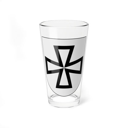 Black outlined flared cross centred on a light grey heraldic shield in a monochrome flat vector style.