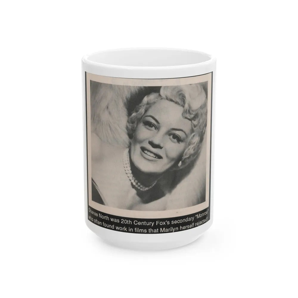 Sheree North #341 - 3x5 Small B&W Glamour Portriat Clipping with, Caption from 1950's Movie Star Magazine (Vintage Female Icon) White Coffee Mug-15oz-Go Mug Yourself