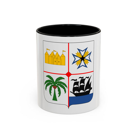Quartered heraldic shield with a gold castle, a white cross with gold rays, a palm and a black ship on blue sea.