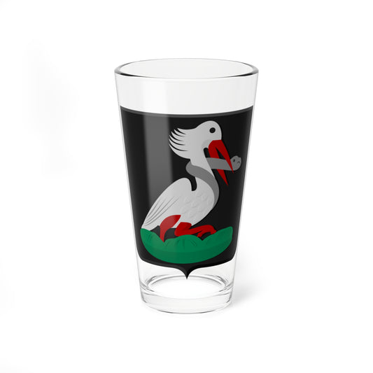 Silver pelican with red beak and legs, wrapped by a grey serpent, on a green mound against a black heraldic shield.